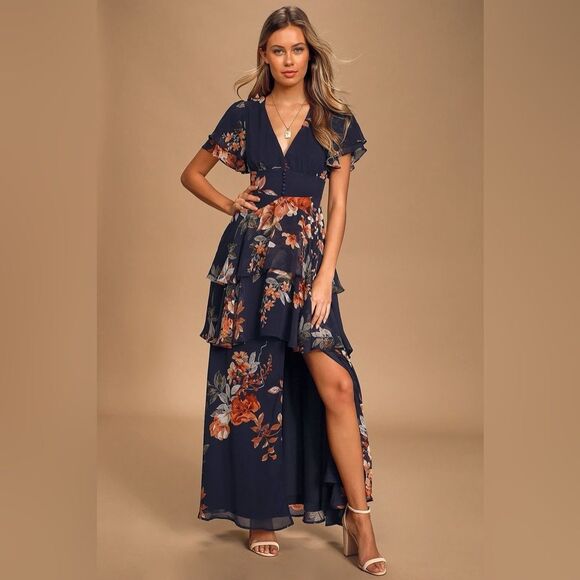Lulus Midnight Mood Navy Blue Floral Print Tiered Maxi Dress Size Small NEW - Picture 9 of 13